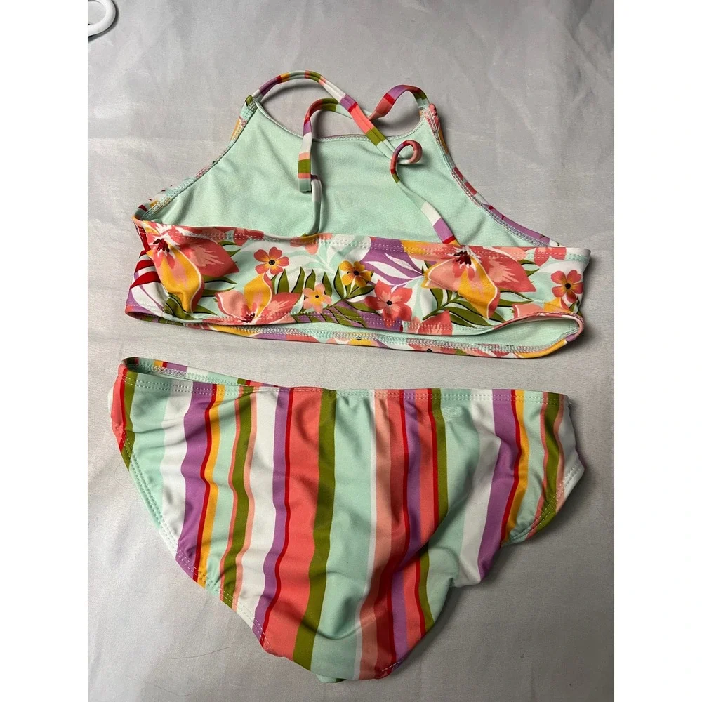 Girls Tropical Floral High Neck Bikini Set Multicolor Striped Two Piece Swimsuit
